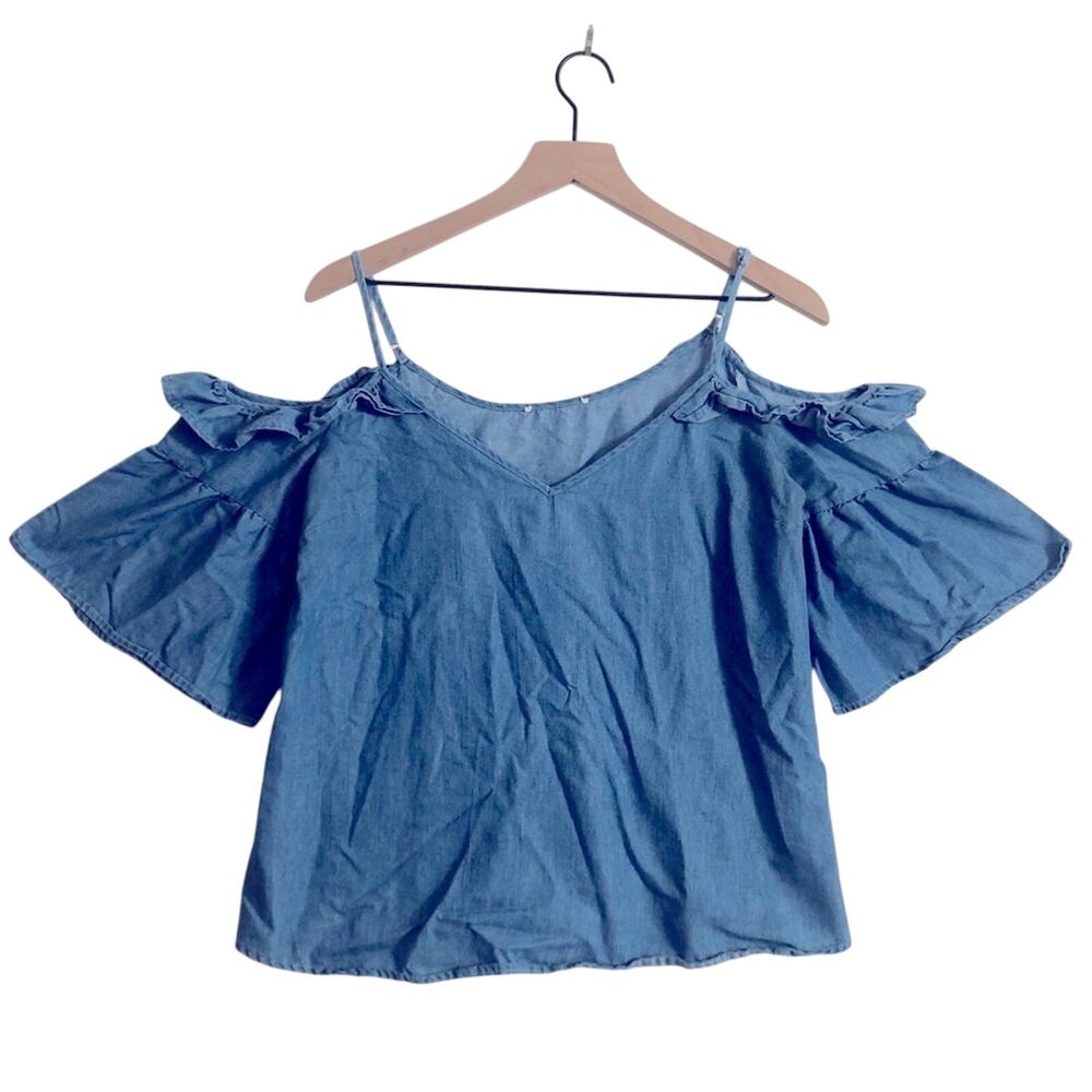 Blue Chambray Soft Denim Cold Shoulder Ruffle Flounce Sleeve Blouse Top Small